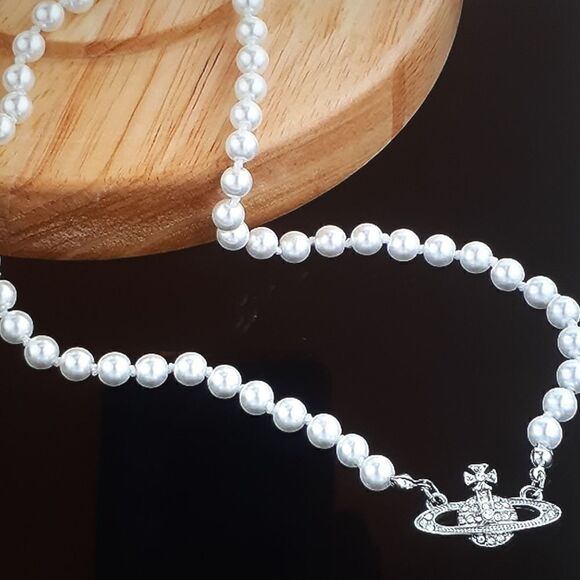 New Silver Saturn Pearl Necklace New With Tags Women's 16" - Picture 2 of 5